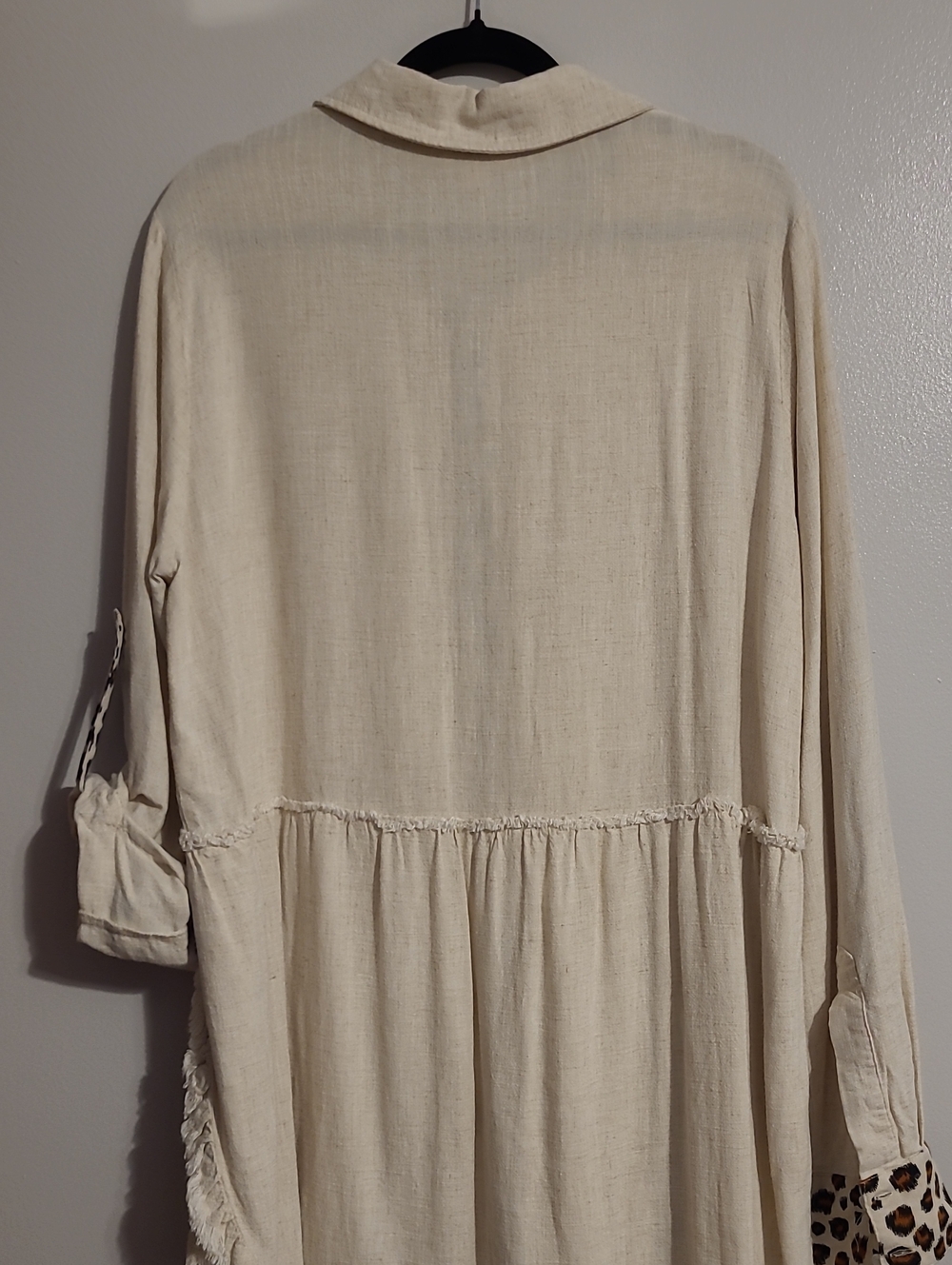 Umgee Linen Cotton Blend Leopard Cheetah Trim Frayed Oatmeal Tunic Top Sz L Boho - Picture 7 of 13